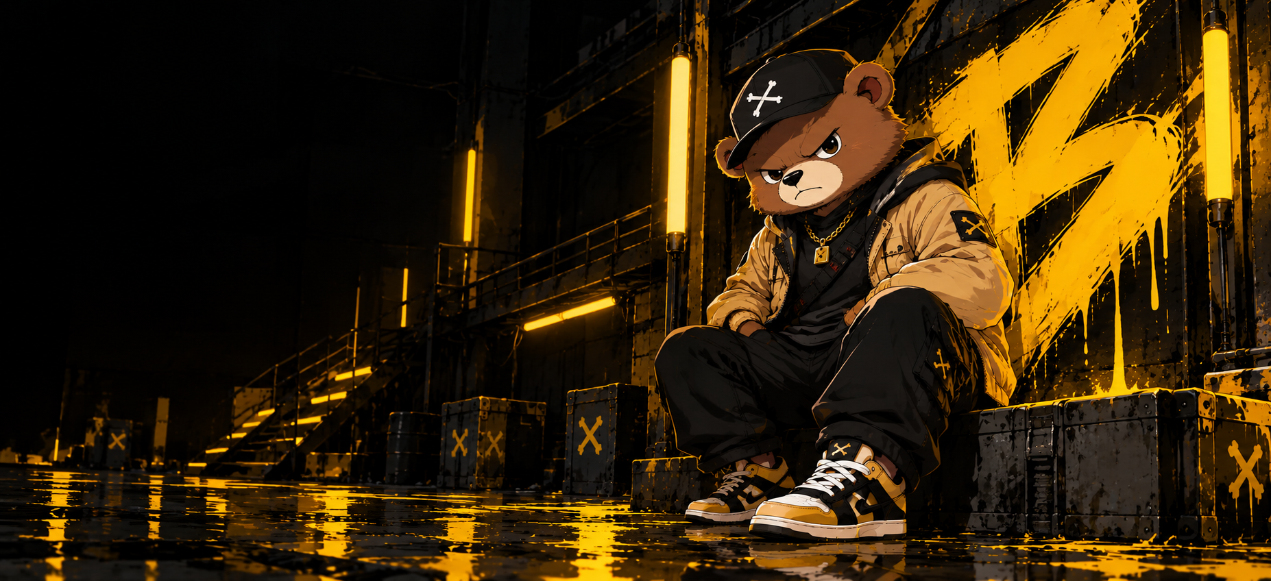 Bearn bear sitting on crates in a dark industrial yard with yellow graffiti